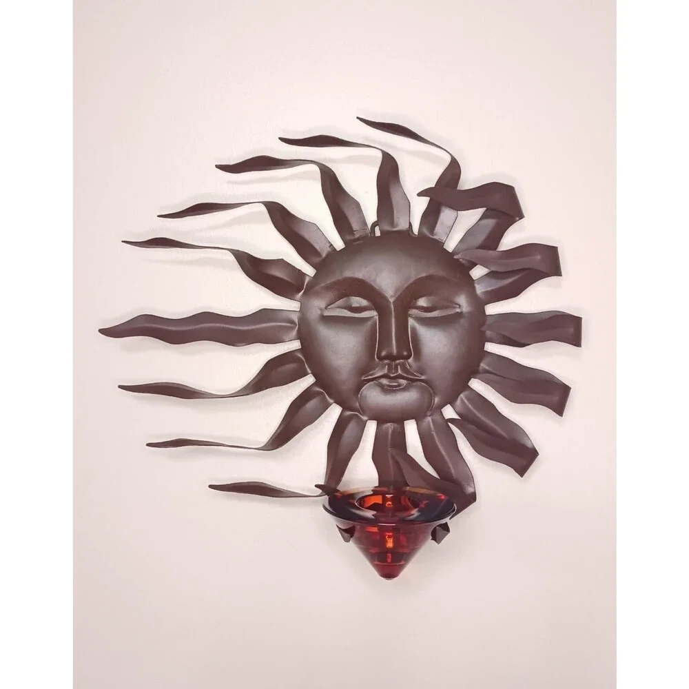 Vtg Metal Wall Art Wind Blown Sun Face Burst Amber Candle Holder Celestial Decor